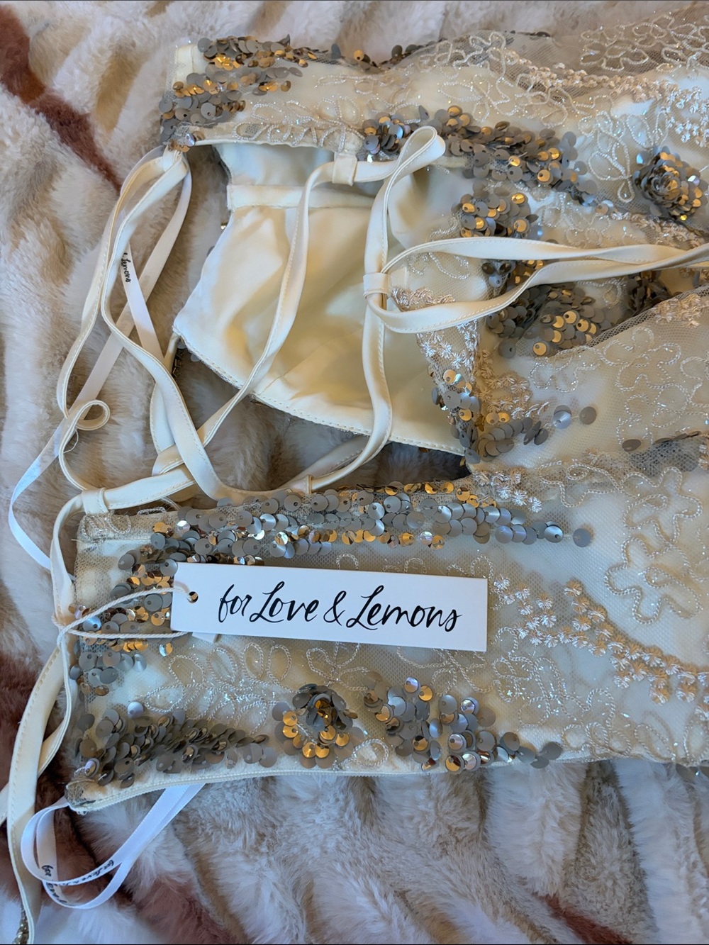 For Love And Lemons Ivory & Gold Sequin Lace Mini Dress - Picture 4 of 4
